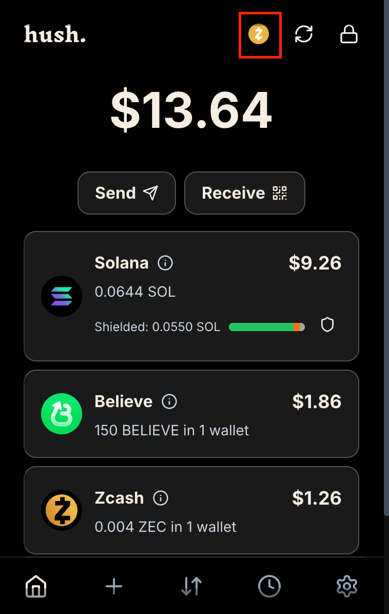 Hush bridge interface showing the main wallet dashboard with bridge functionality