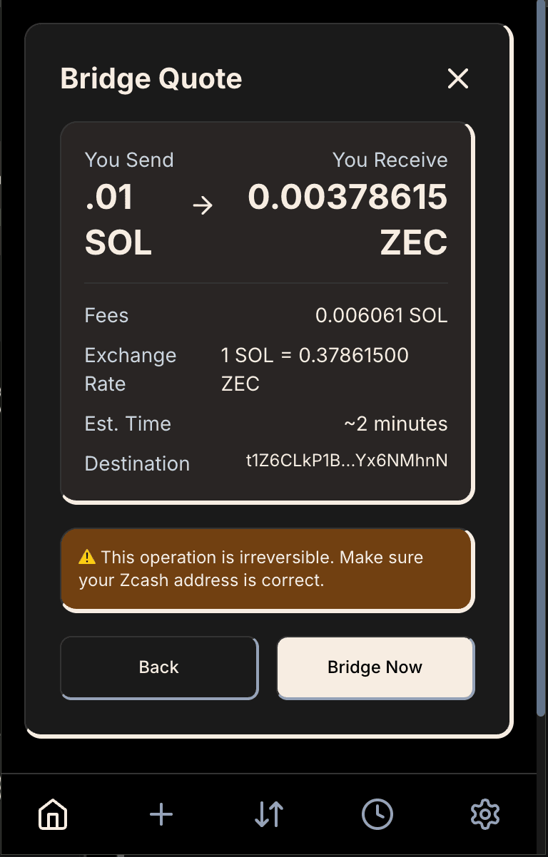 Bridge quote screen showing transaction details including amounts, fees, exchange rate, estimated time, and destination address