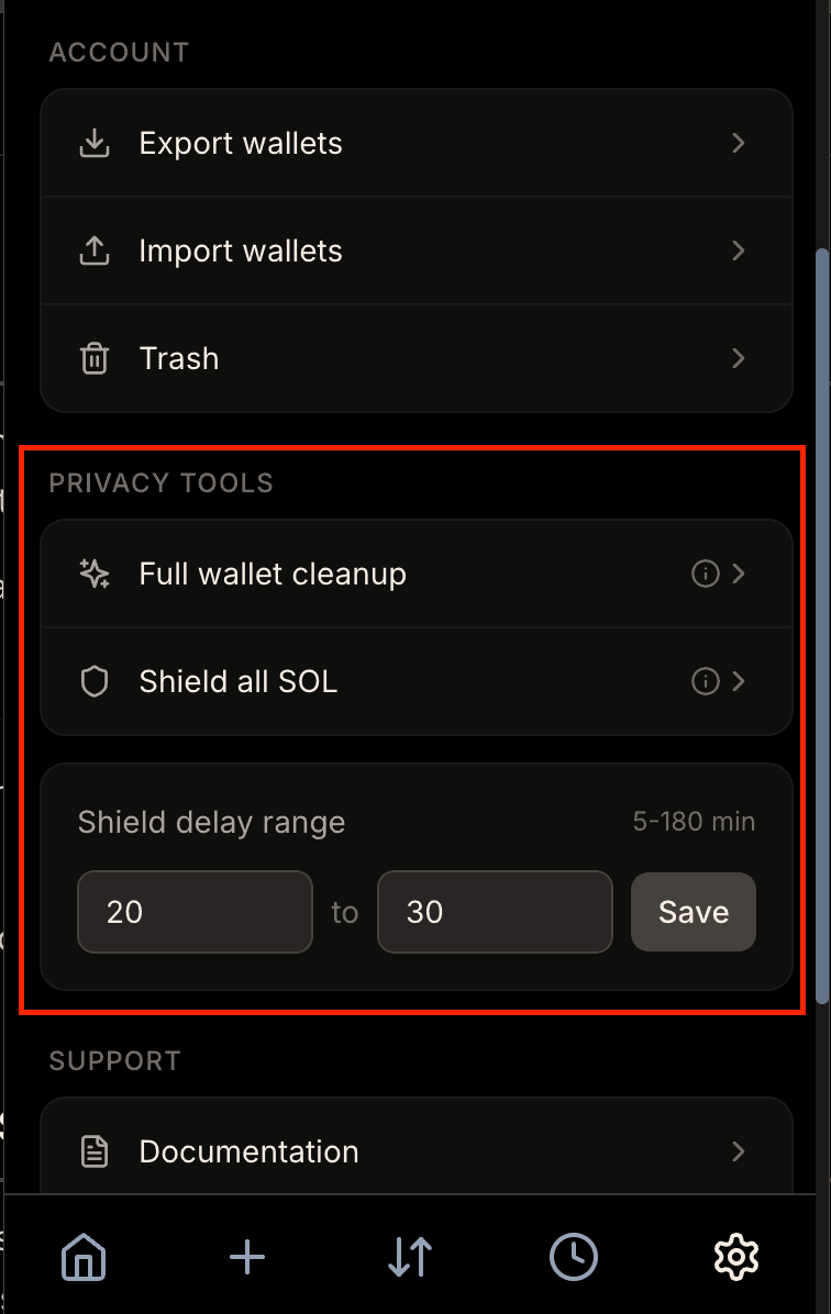 Wallet Cleanup interface showing operations, consolidation status, and total fees