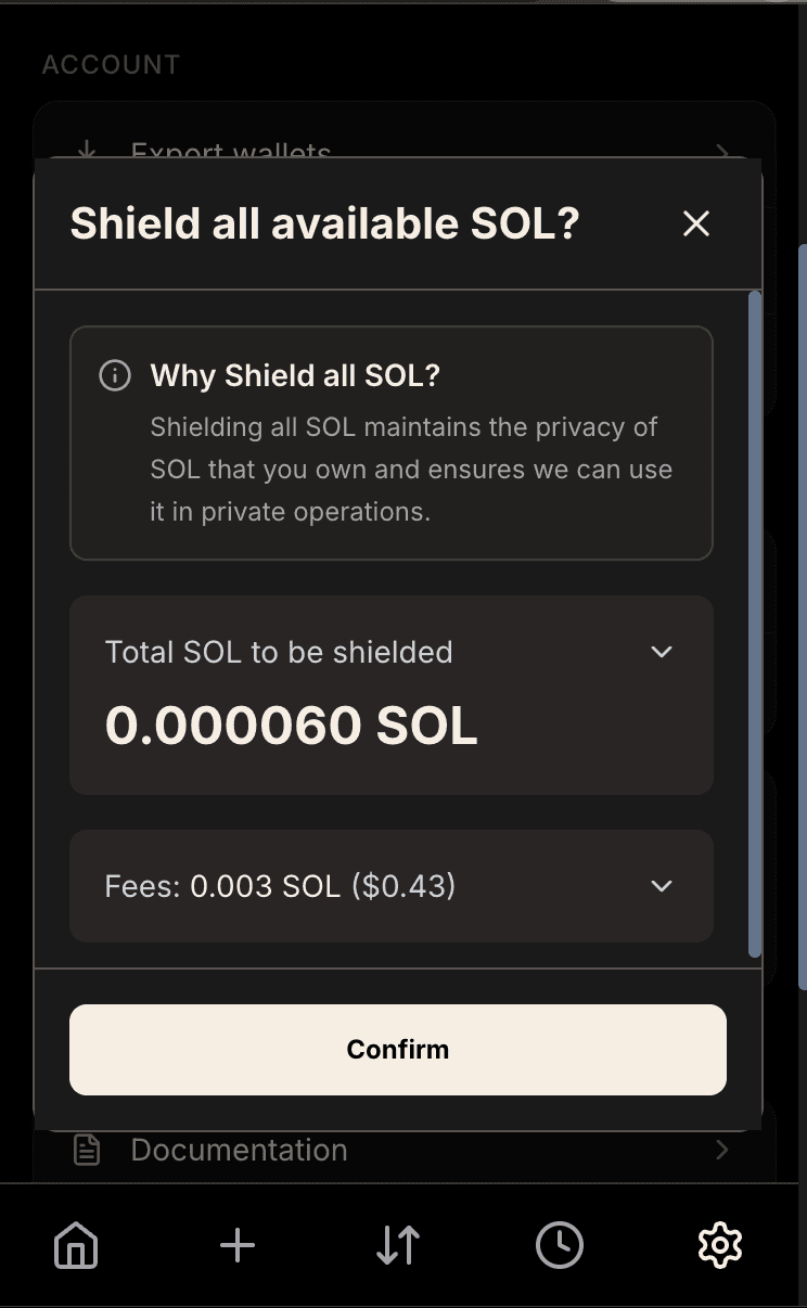 Shield All SOL interface showing the operation details
