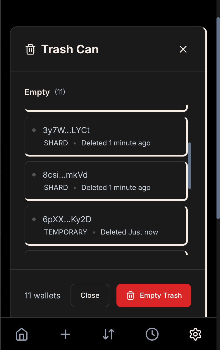 Trash can page showing deleted wallets