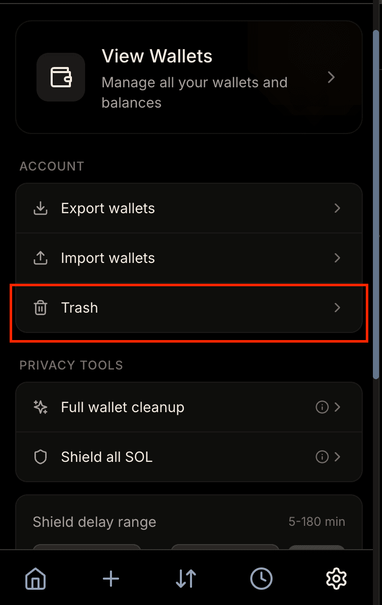 Trash can settings interface